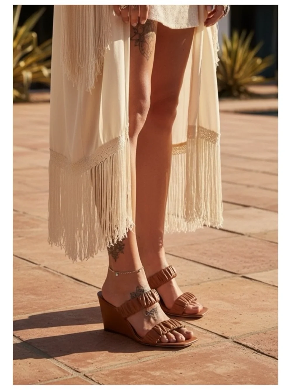 Staud 𒀭 Frankie Ruched 2 Strap Wedge Heel Sandals 𒀭Brown Leather 𒀭36 5.5M 6M